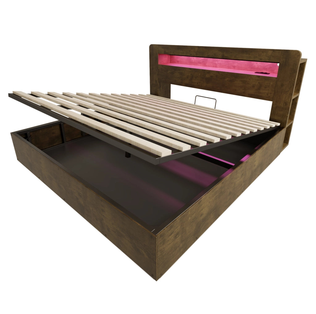 Letto matrimoniale contenitore con sollevamento idraulico; LED e prese integrate; 180x200 cm; legno vintage