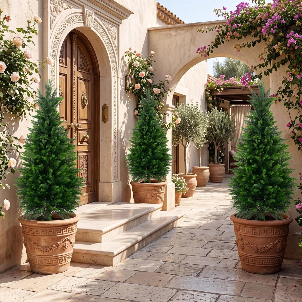 Set di 2 Alberi Artificiali di Cedro, Albero Artificiale in Vaso con Cemento e Fondo Rinforzato, Resistenti al Sole, Pianta Topiaria Finta da Interno e Esterno, per Casa e Ufficio (120 cm)