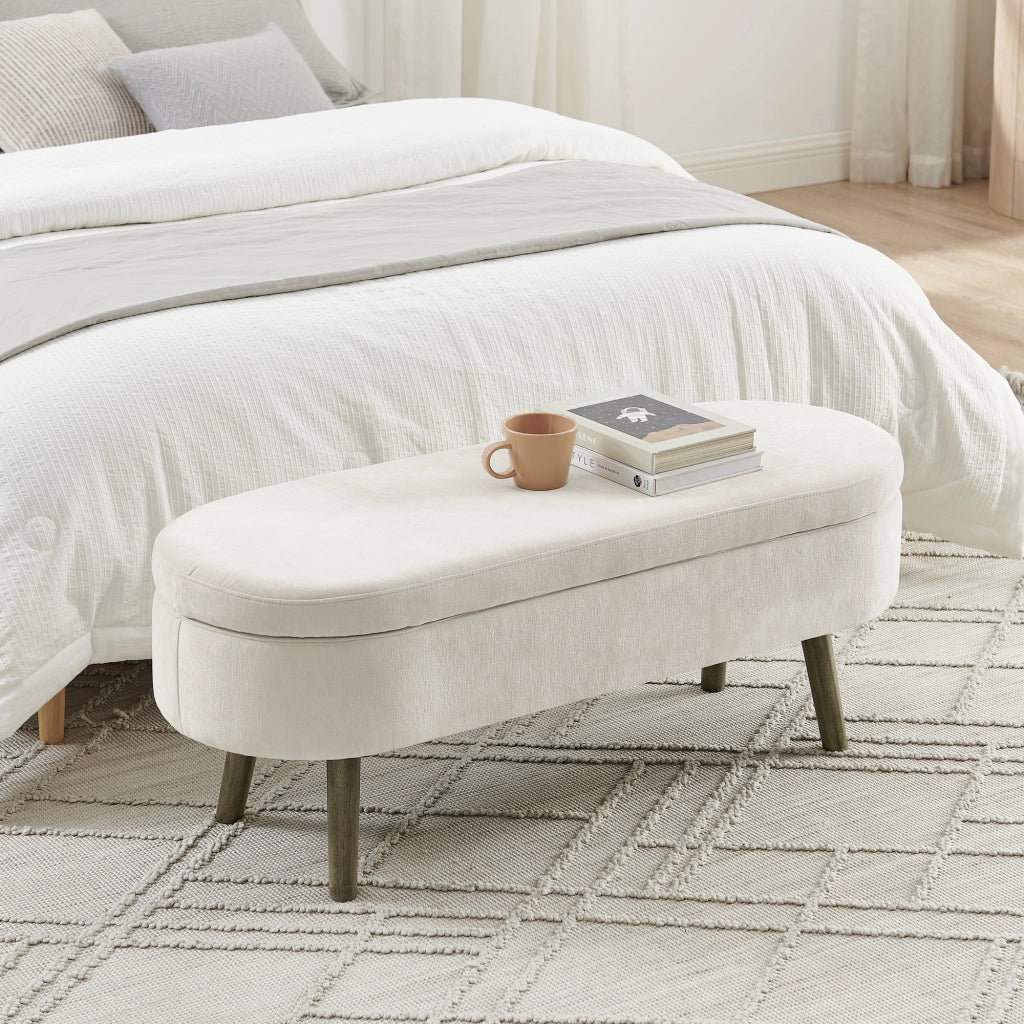 Panca contenitore ovale - con seduta imbottita e vano portaoggetti - in chenille beige