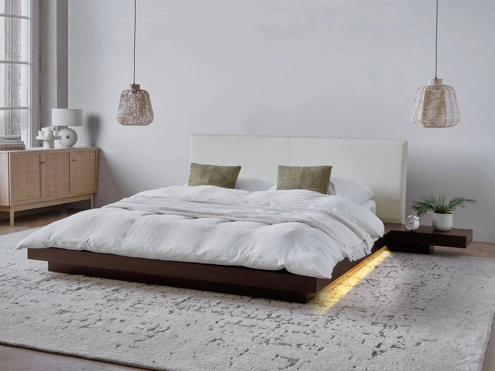 Letto LED in stile giapponese in frassino scuro 160 x 200 cm testata in legno impiallacciato MDF testata in ecopelle camera da letto a basso profilo