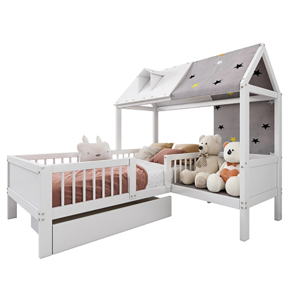 Lit a forma di casa per bambini - Xylo - 90x200 cm - Legno - Bianco - Con tenda e cassetti