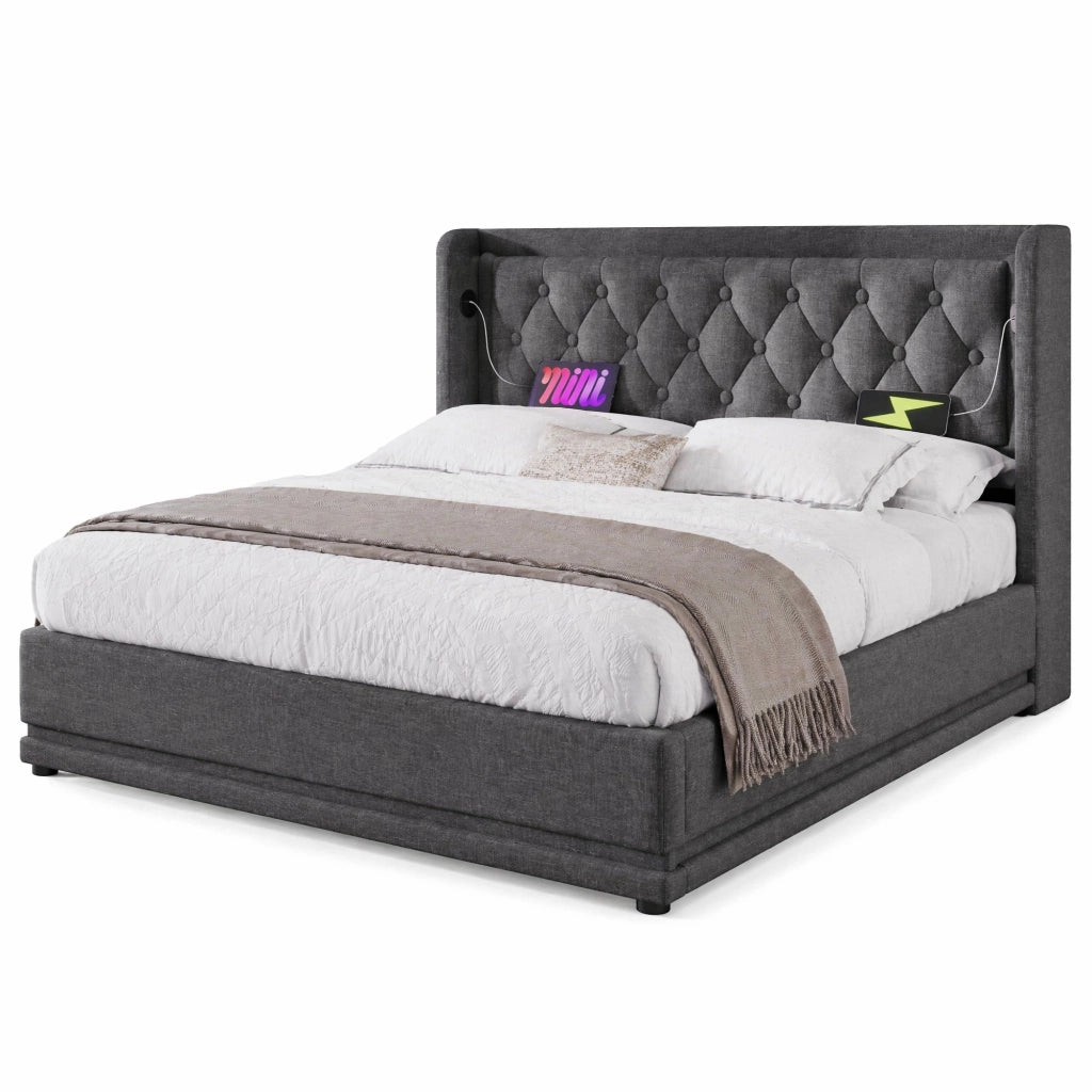 Letto matrimoniale contenitore 140x200 cm in cotone grigio, con testiera imbottita, USB Tipo-C e LED, senza materasso