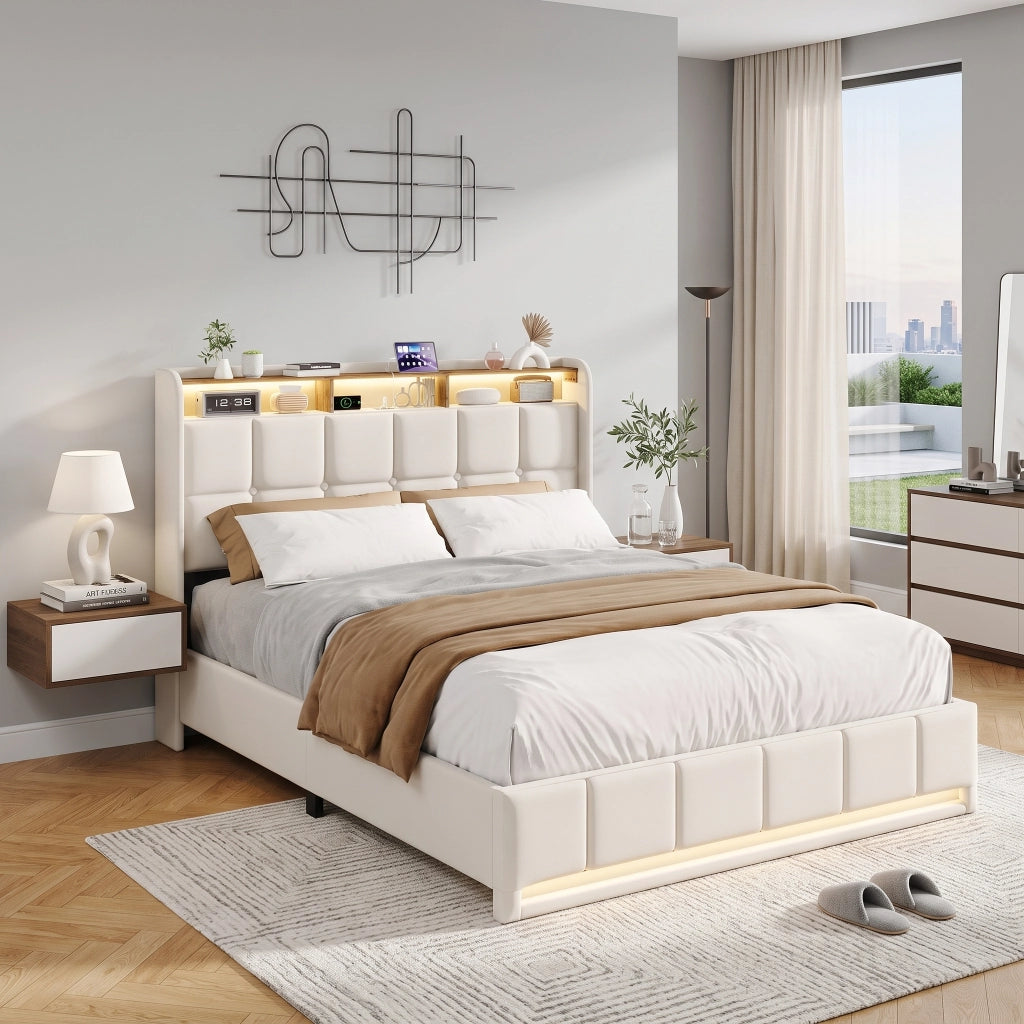 Letto una piazza e mezza 140x190 cm con contenitore LED USB testiera con mensola rete a doghe in lino - beige