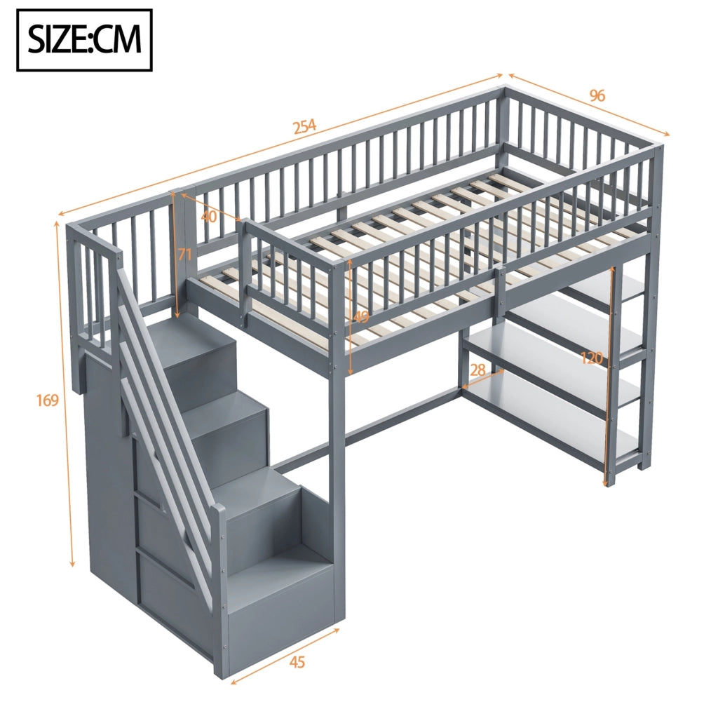Letto a soppalco 90x200 cm grigio con armadio e ripiani