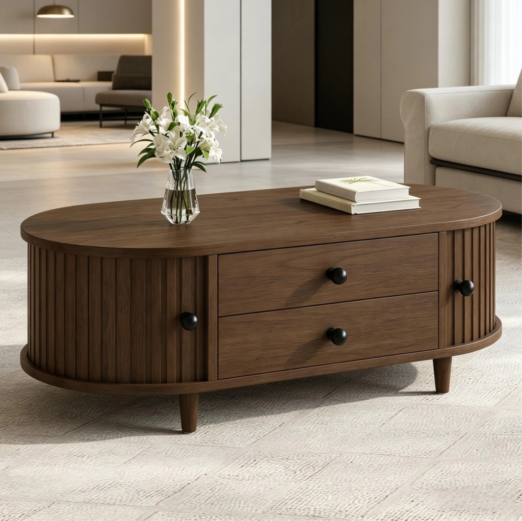 Tavolino da salotto 100x50x36 cm con ante scorrevoli e 2 cassetti in MDF color noce