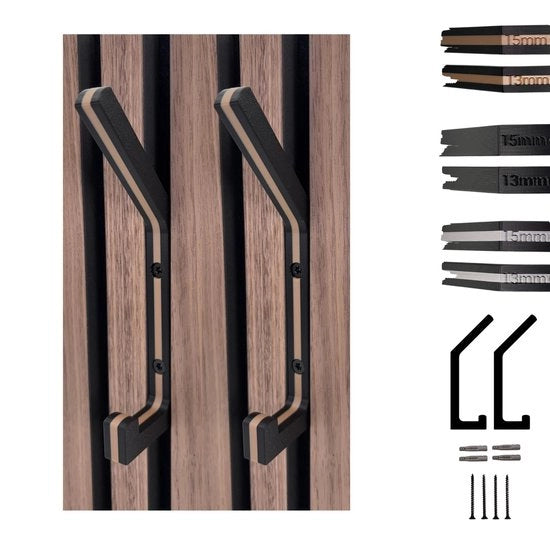 Jashaken 2 pezzi coordinati a colori per pannelli acustici (legno, nero, grigio cemento) - Haken ideali per distanza lamella 13 o 15 mm, stabili e sicuri (legno nero, 13 mm)