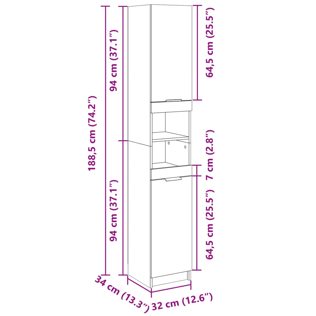 Armadietto da Bagno Rovere Sonoma 32x34x188,5 cm in Truciolato 849656