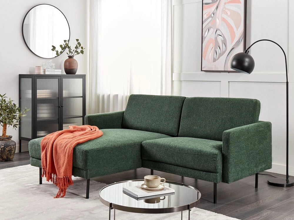 Divano angolare in poliestere verde scuro 192 x 155 Divano a 2 posti imbottito con gambe in metallo, tessuto e schienale imbottito, moderno e minimalista
