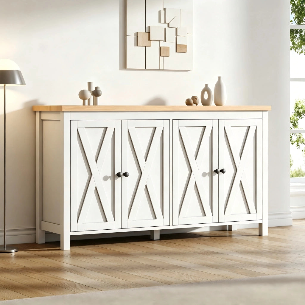 Credenza con 4 ante e 2 ripiani regolabili per soggiorno in MDF 140×40×78 cm bianco