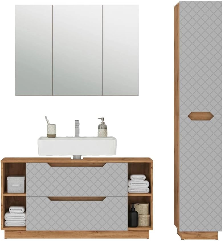 Set di mobili da bagno Lotta, Grigio, 119.2 cm, composto da mobile sottolavabo, specchiera e colonna alta