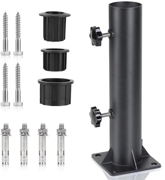 Parasol Supporto Regolabile - In Piedi - Base con 8 Viti in Acciaio - Anelli di Regolazione 32/40/50 mm - Nero - Adatto per 57 mm Manico Parasole - Stabilizzatore Parasole