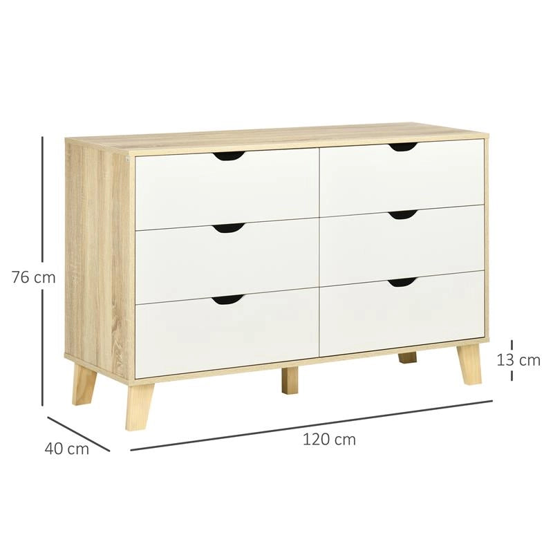 CASSETTIERA 6 CASSETTI CON MANIGLIE INTAGLIATE IN LEGNO 120X40X76 CM BIANCO E ROVERE