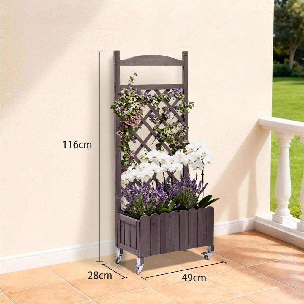 Fioriera in legno con grigliato e ruote, rialzata, resistente alle intemperie con fori di drenaggio, per giardino, balcone e terrazza, 49 x 28 x 116 cm – Marrone