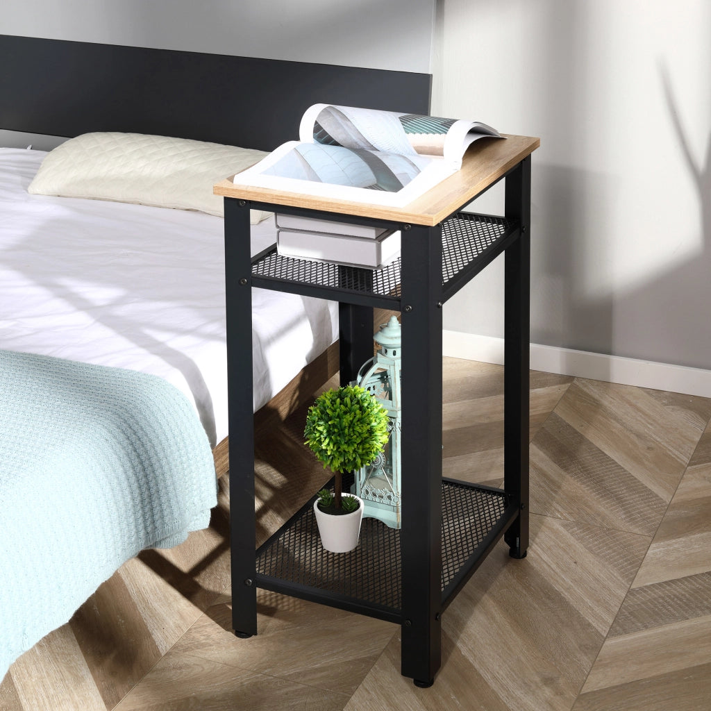 Tavolino da salotto industriale con ripiani in rete metallica e gambe regolabili ¨C Zephmum ¨C Quercia e nero 45x35x75 cm