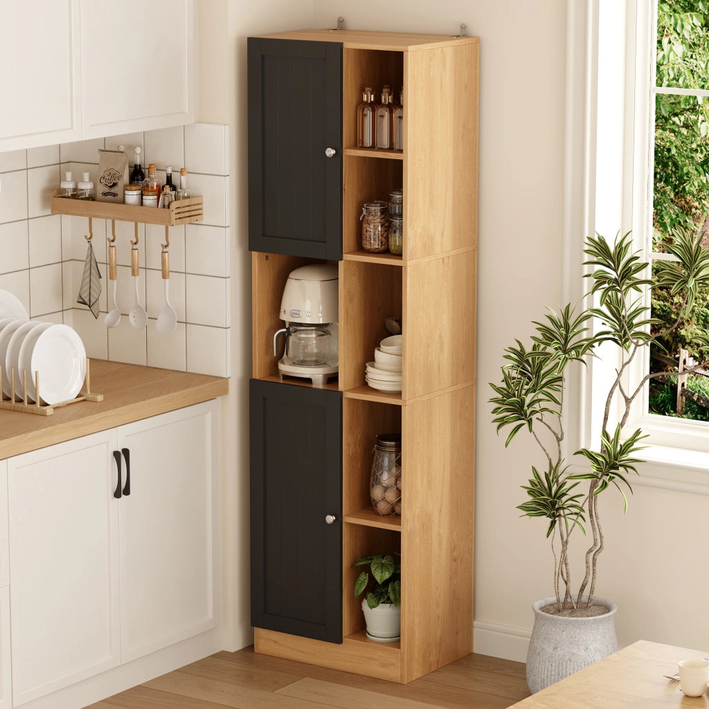 Mobile angolare alto con 6 ripiani aperti e 2 ante, scaffale salvaspazio per cucina e zona pranzo, 50×35,5×170 cm, antracite/effetto legno