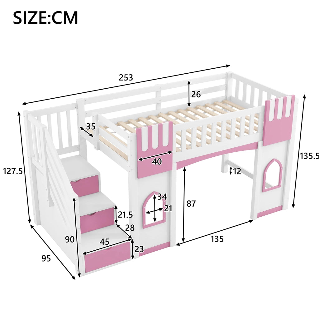 Letto a soppalco 90x200 cm con scala contenitore, bianco/rosa