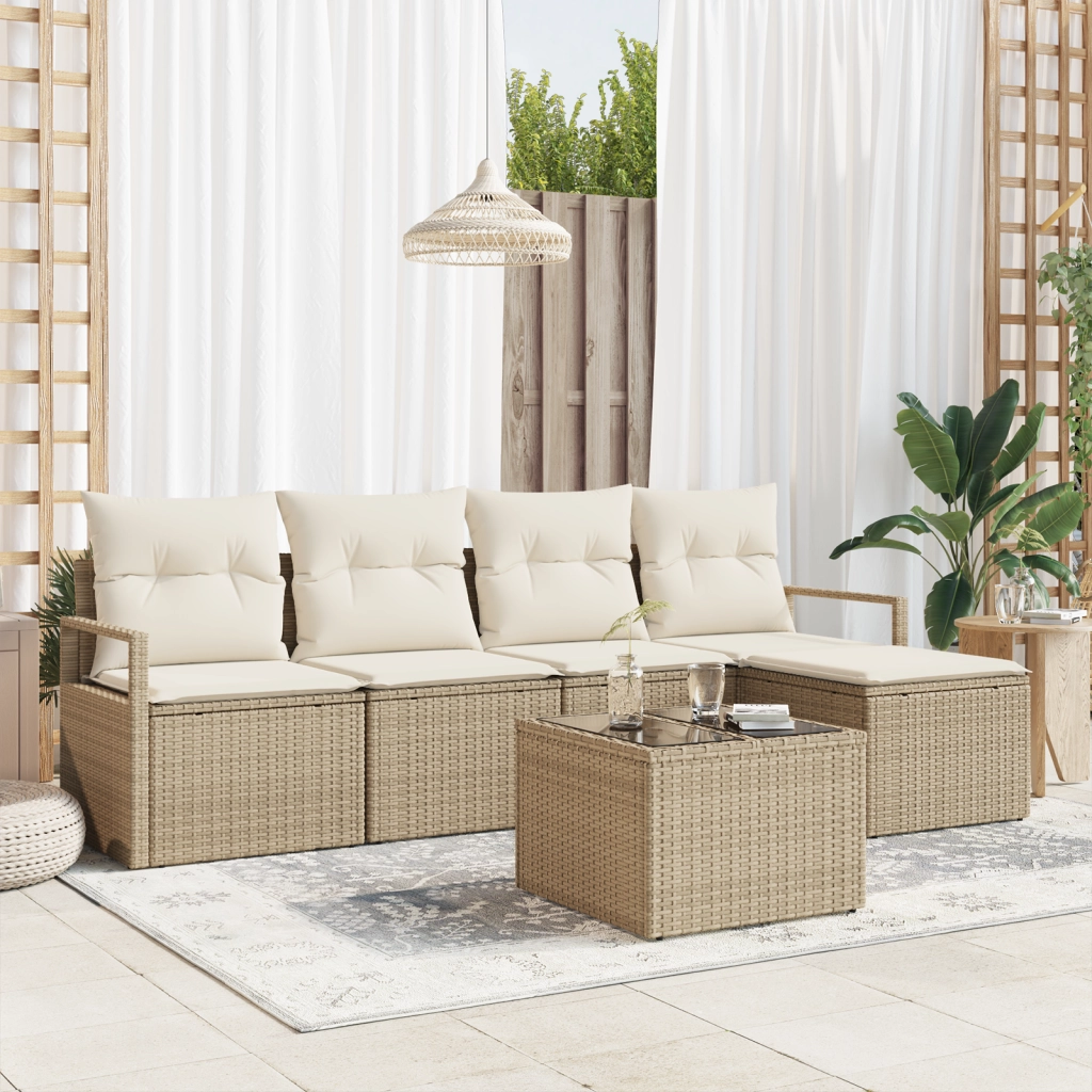 Set Divano da Giardino a 6 Pezzi con Cuscini Rattan Marrone Polipropilene