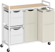 4-livello lavastiratore, lavatrice con ruote, lavatrice con cassetti laterali e piano di lavoro, raccoglitore di bucato con sacchi di bucato rimovibili, bianco, legno e beige EWNE14XY01