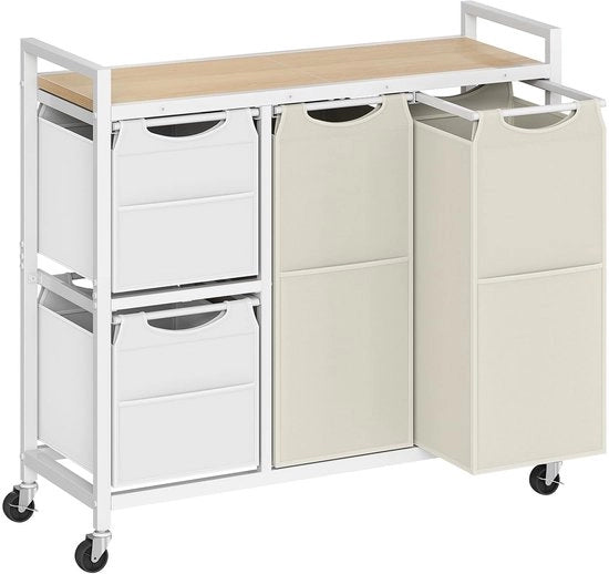 4-livello lavastiratore, lavatrice con ruote, lavatrice con cassetti laterali e piano di lavoro, raccoglitore di bucato con sacchi di bucato rimovibili, bianco, legno e beige EWNE14XY01