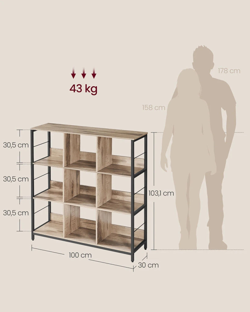 Mobile contenitore a 3 ripiani libreria in stile industriale 9 cubi per soggiorno ufficio corridoio cucina 100 x 30 x 1031 cm marrone 12_0006397