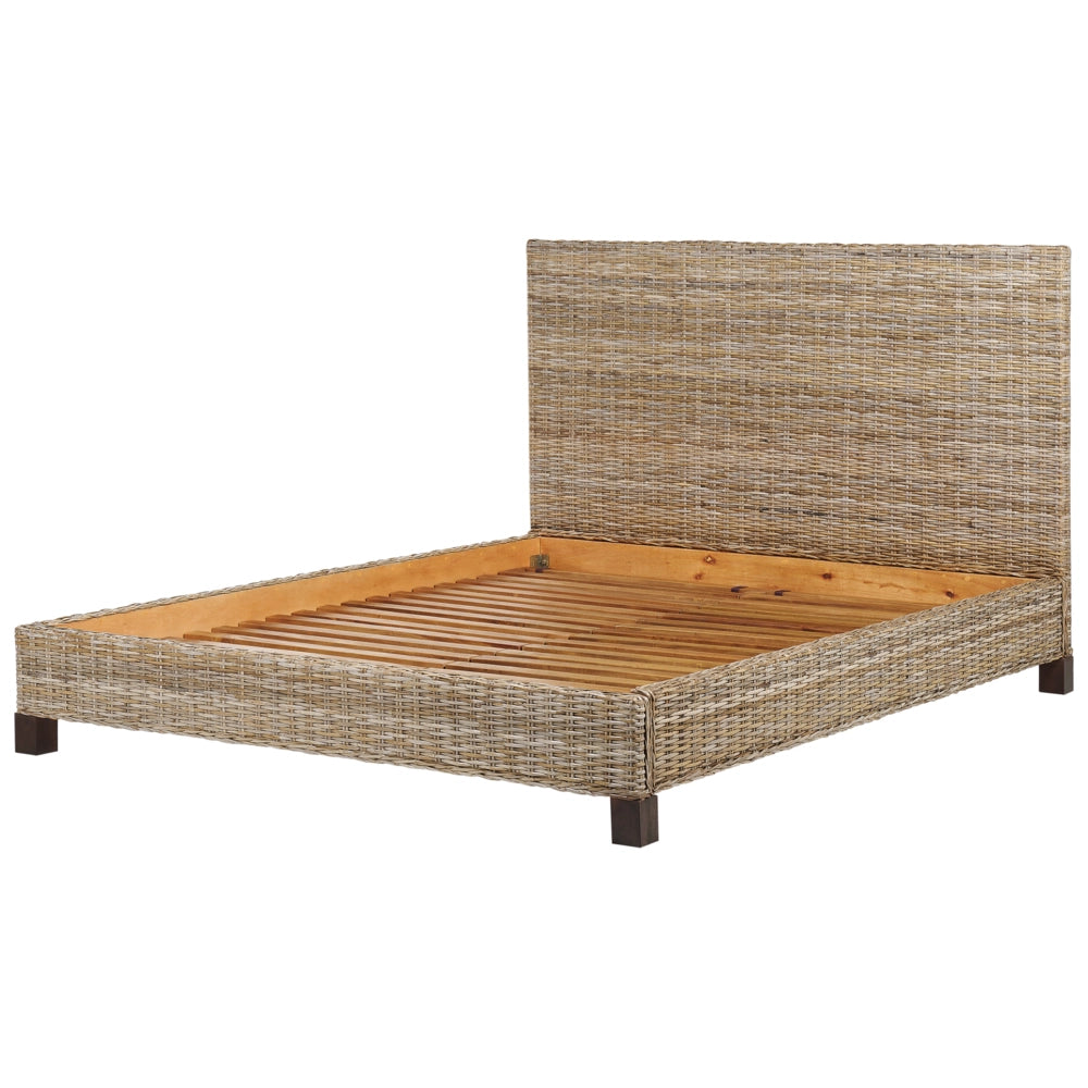 Letto a pannello Rattan naturale Legno di mogano UE Doppio 140 x 200 cm Rete a doghe Testata intrecciata Moderna Boho