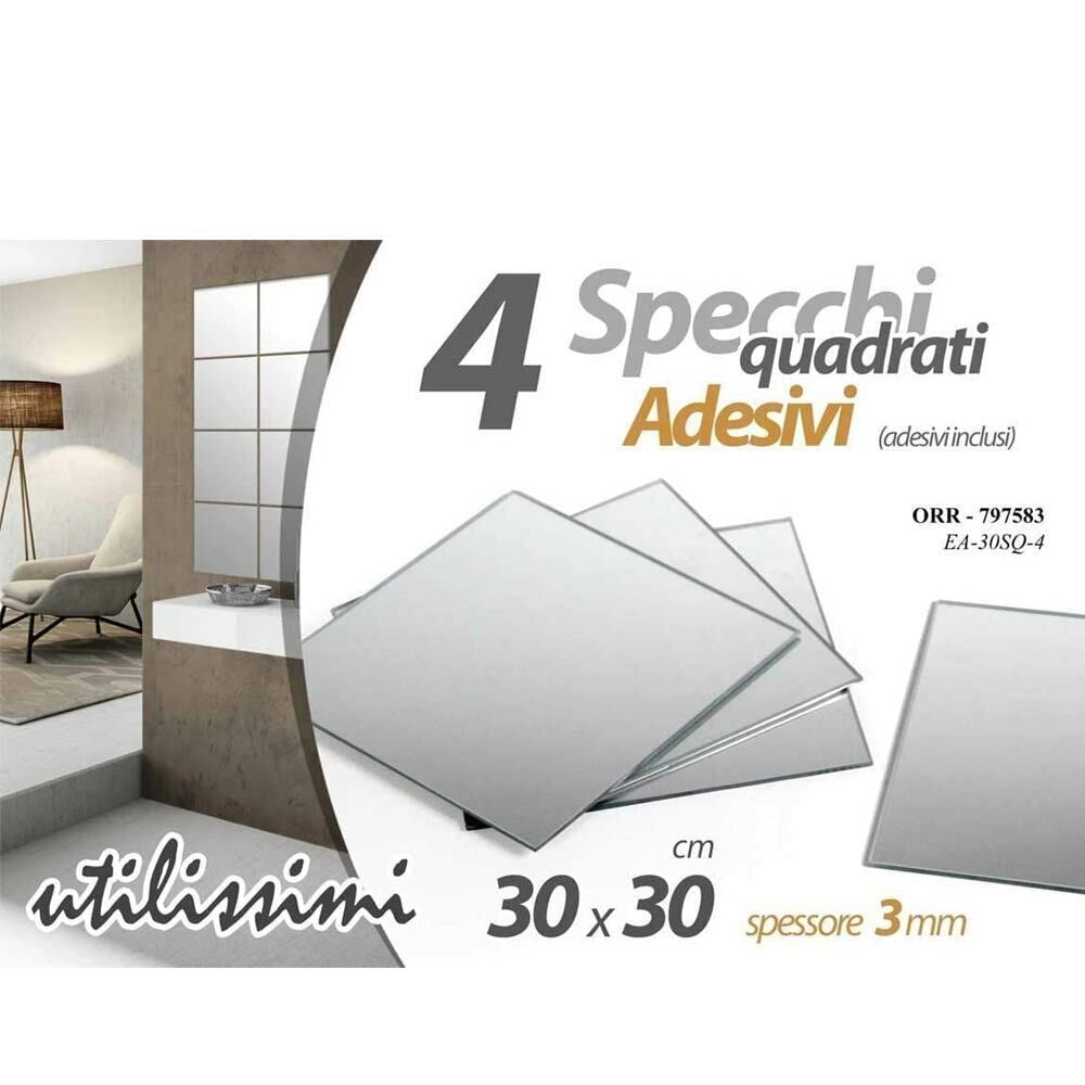 Set 4 Specchi Quadrati Mosaico Adesivi Specchio 30x30cm Decorazione Parete Casa