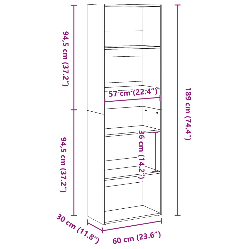Libreria-Scaffale per Libri-Mobile di Stoccaggio Rovere Sonoma 60x30x189 cm in Legno Multistrato