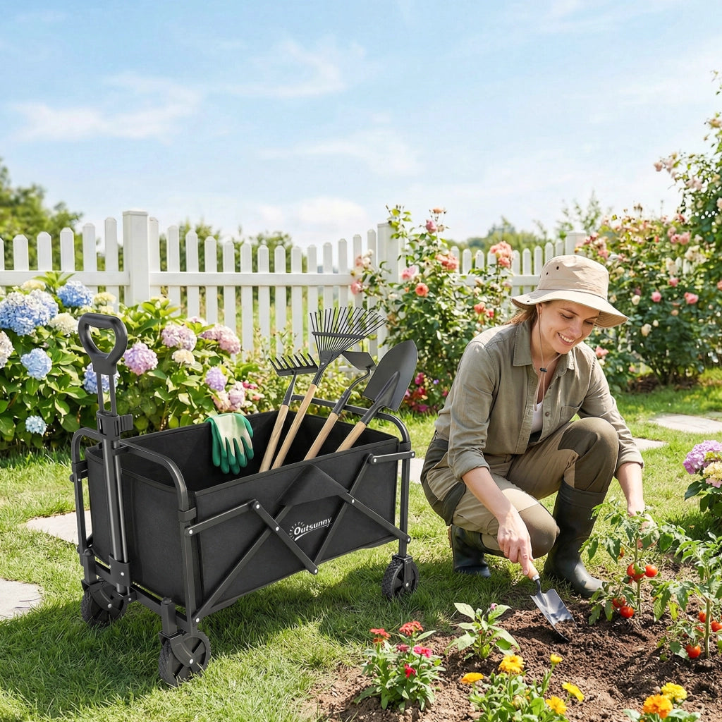 Carrello Giardino Pieghevole con Ruote ¨C zephmum ¨C Nero 81x45x89 cm