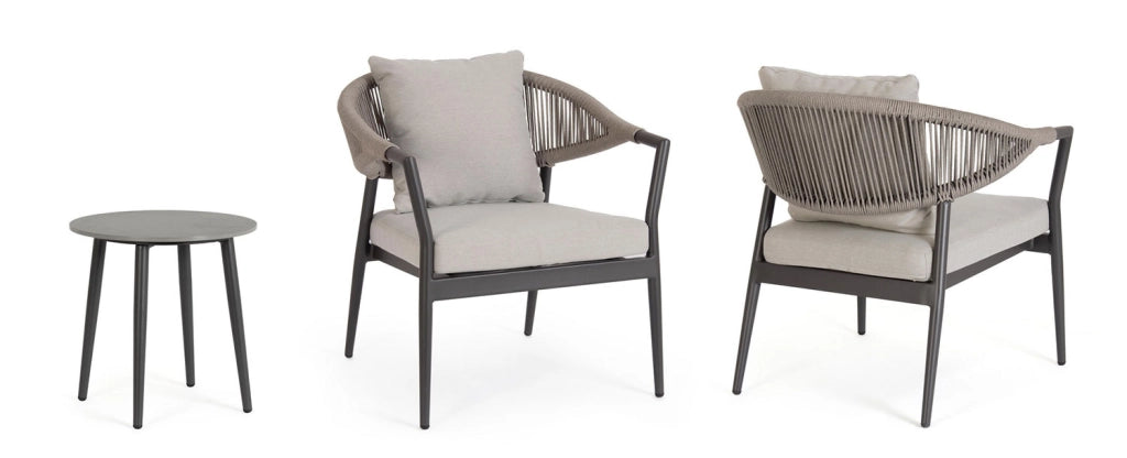 Set 3 Pezzi Salotto da Giardino con 2 Poltrone e Tavolino in Alluminio Corda Poliestere e Pietra Sinterizzata Millor