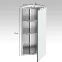 Armadietto Angolare Bagno in Acciaio Anta a Specchio Chiusura Magnetica 3 Ripiani Salvaspazio 60x30x18.4cm