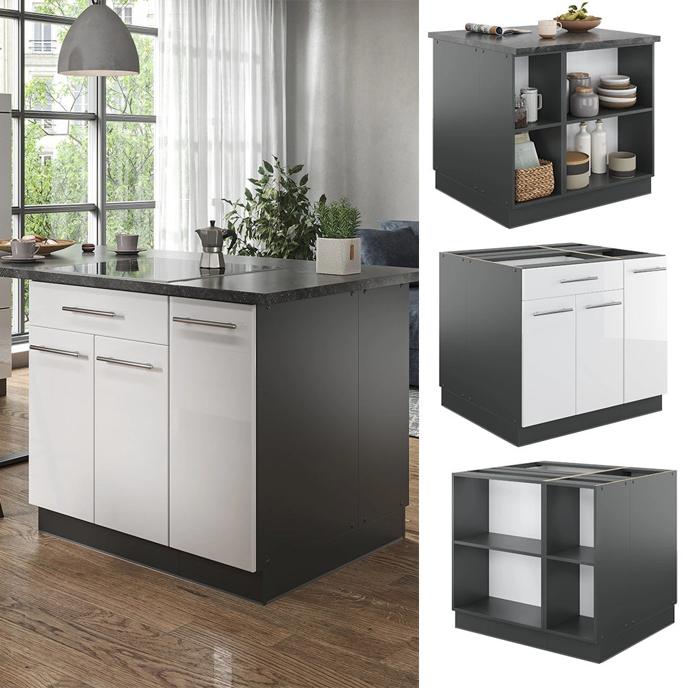 Isola cucina Fame-Line Bianco lucido/Antracite 90 cm con cassetto, senza piano di lavoro Vicco