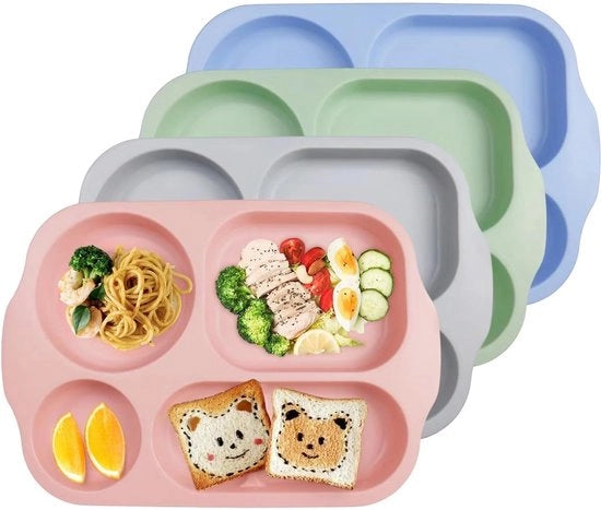 Set di bordi, 4 pezzi, divisori per bambini con 5 contenitori, piatti in plastica resistenti e riciclabili, servizio per bambini e adulti, adatto per forno a microonde e forno.