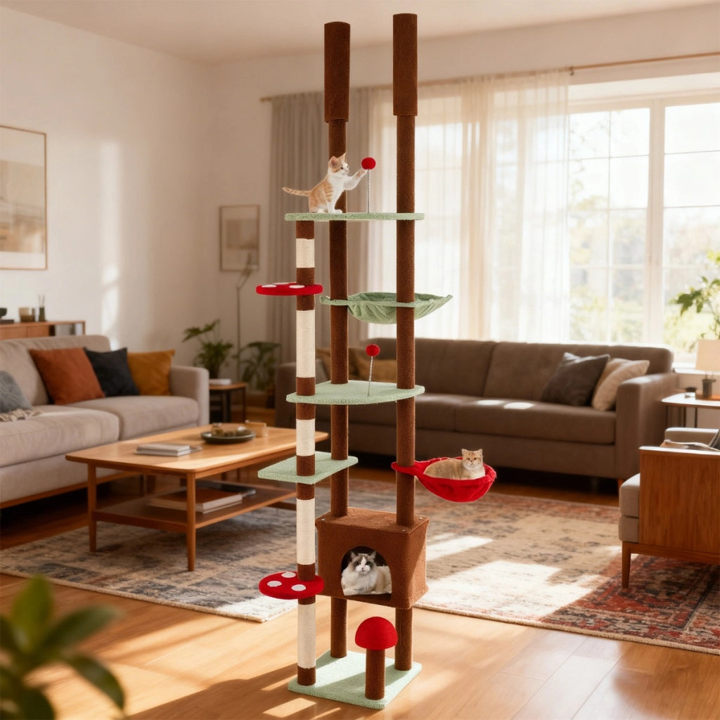 Albero per gatti da pavimento a soffitto altezza regolabile, Albero per gatti torre fungo con condo e amaca Marrone
