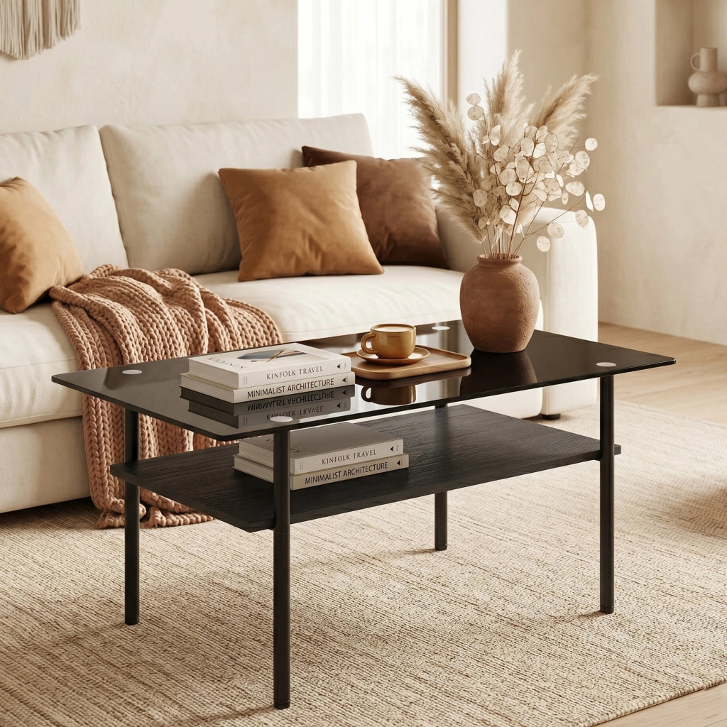 Tavolino da caffè 98x58x45 cm con piano in vetro nero; ripiano in MDF e struttura in metallo; nero