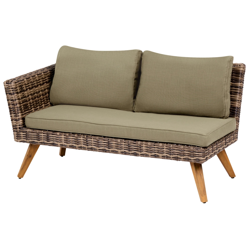 Set da giardino in rattan PE chiaro divano angolare 6 posti cuscini verde oliva tavolino da caffè stile country