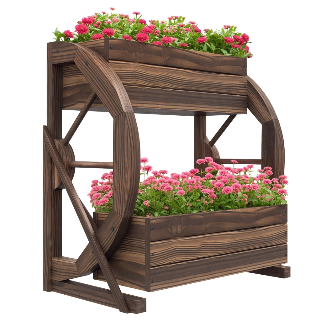 Fioriera in Legno da Esterno a 2 Livelli con 3 Vasi e Ruote di Carro Stile Country, 55x32x56cm