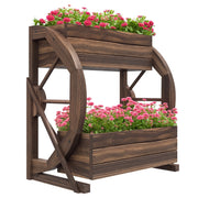 Fioriera in Legno da Esterno a 2 Livelli con 3 Vasi e Ruote di Carro Stile Country, 55x32x56cm