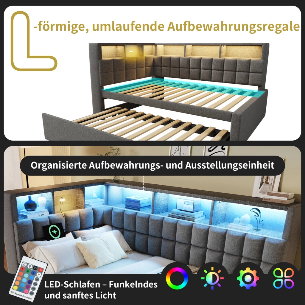 DESMIU Divano letto 90 × 200 cm 1 posto con letto estraibile, LED, USB e Type-C, senza materasso, grigio