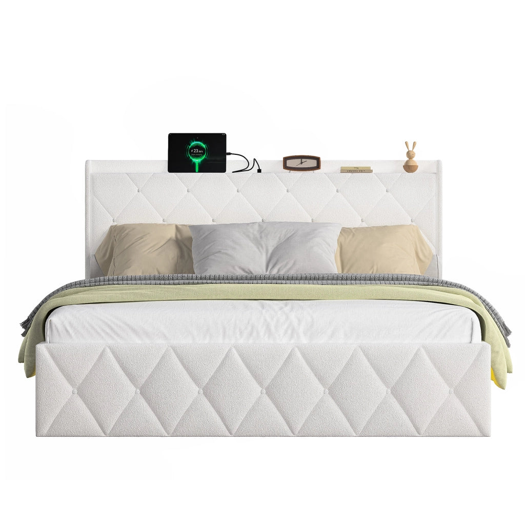 Letto imbottito in velluto bianco con USB, LED e 6 cassetti, 160x200 cm
