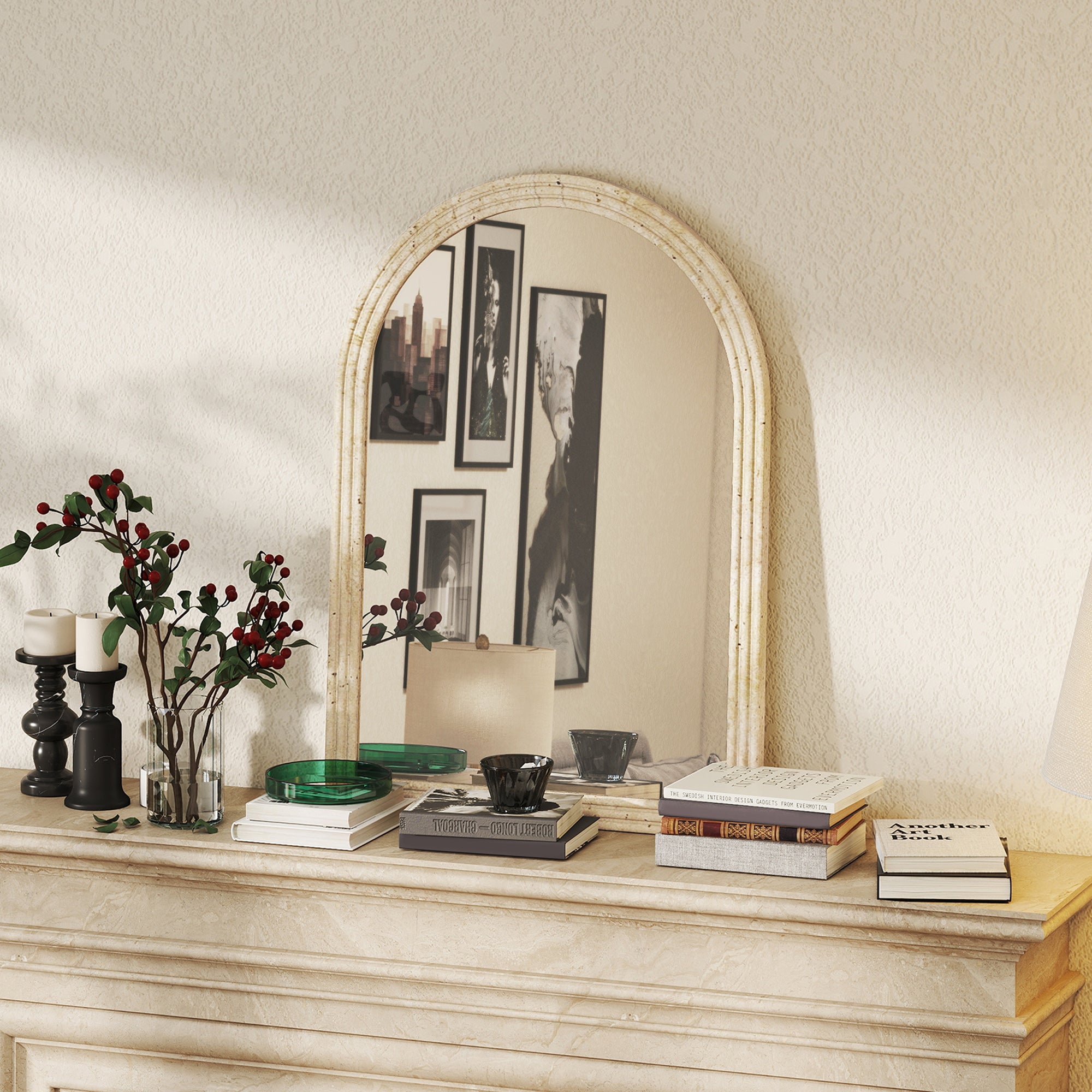 Specchio da Parete ad Arco 60x2x90 cm Cornice Effetto Pietra in Polistirene Beige