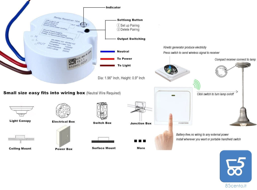 Ricevitore Acegoo Controller Relè Remoto Funziona con Interruttore Luce Senza Fili per lampada telecomando on/off ingresso AC85-265V 10 ampere Solo Ricevitore