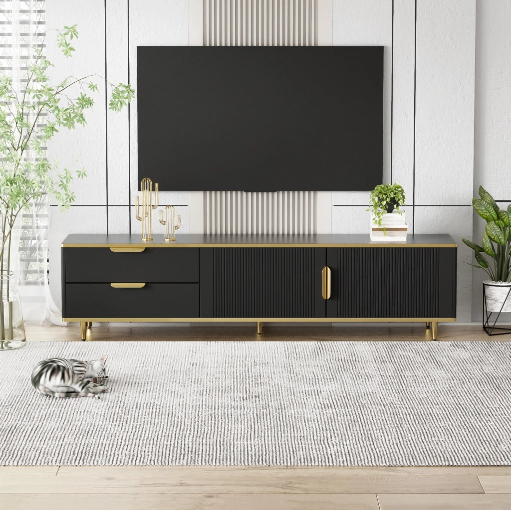 Mobile TV con 2 cassetti e 2 vani; 170x45x37 cm; MDF e pannello truciolare; nero e oro