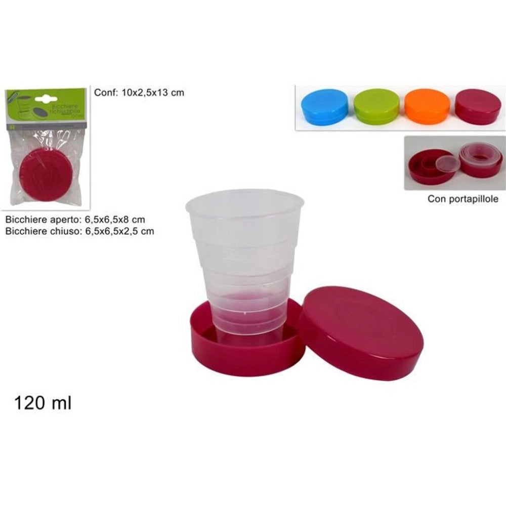 Trade Shop - Bicchiere Pieghevole 120ml Con Contenitore Portapillole – Tazza Richiudibile Compatta Da Viaggio -