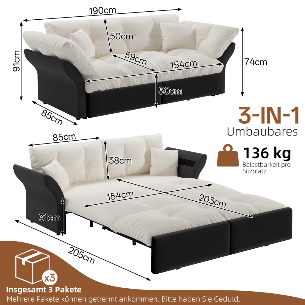 Divano letto convertibile 3 in 1 - con letto estraibile e 2 cuscini - in velluto beige