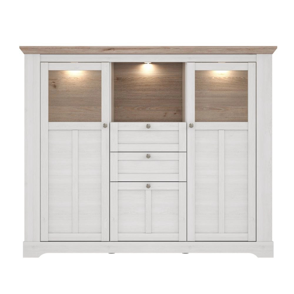 Credenza Forma 3 Ante con Vetro Temperato e Luci LED Rovere Bianco Neve e Olmo Scuro – Design Luminoso