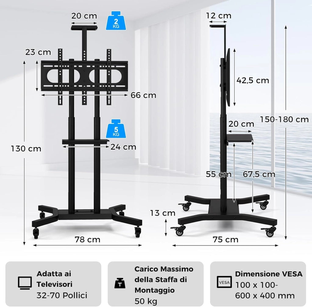 Supporto TV da Pavimento con Ruote per Schermi Plasma/LCD/LED 32-70 Pollici, Altezza Regolabile, Carrello Staffa Porta Mobile Supporto TV Fino a 50 kg, Max VESA 600 x 400mm