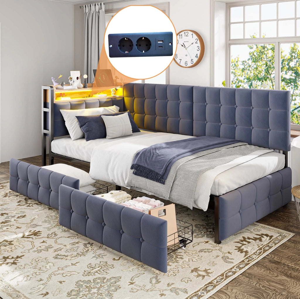 Letto imbottito 90x200 cm con LED; cassetti e USB in tessuto grigio