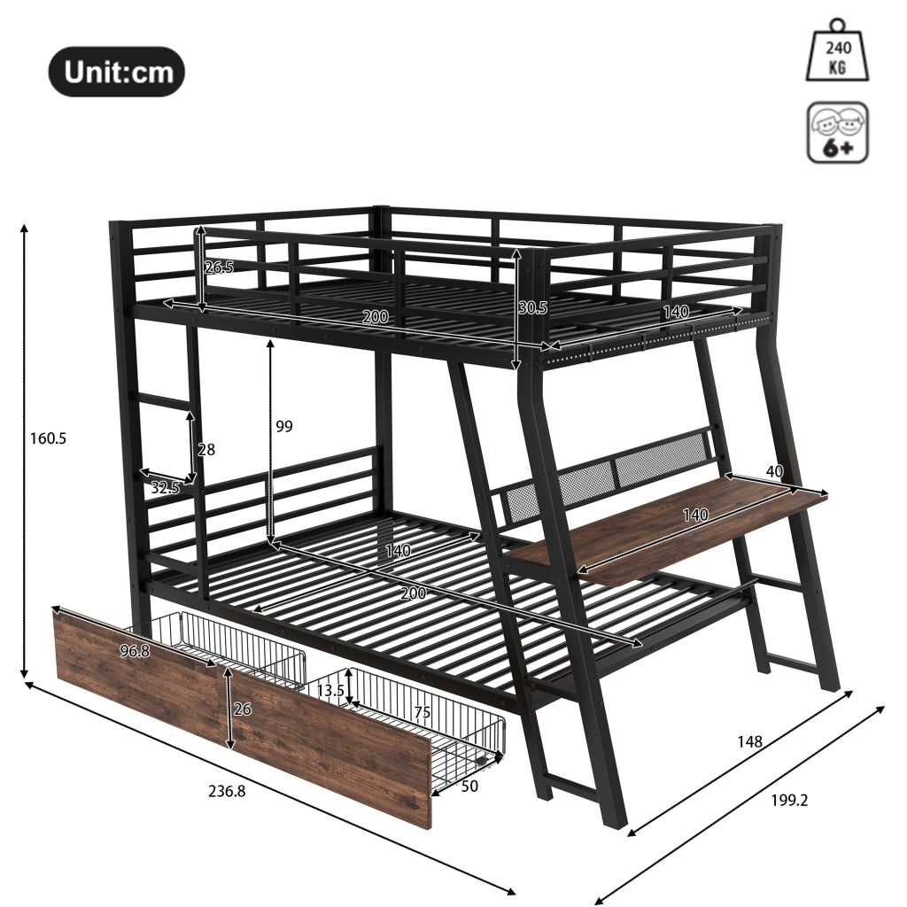DESMIU Letto a Soppalco 2 Posti con 2 Cassetti, Scrivania, LED Regolabile e Scala 140 × 200 cm, Senza Materasso