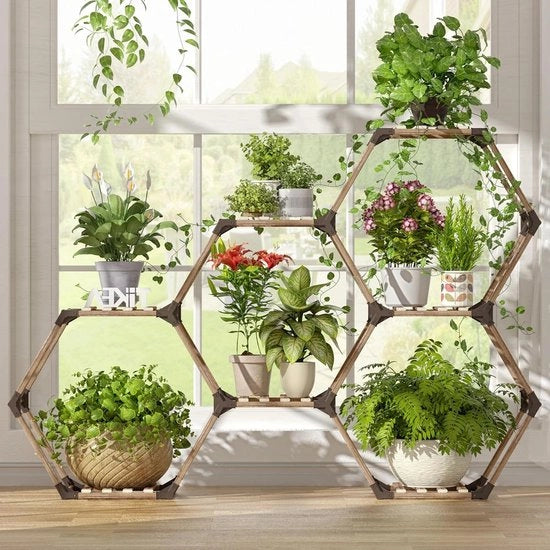 Pannellamento standard a sei angoli in legno per piante per interni ed esterni - creativo vassoio fiori per finestre - angolo soggiorno balcone giardino ufficio - 7 livelli 141 x 25 x 97 cm