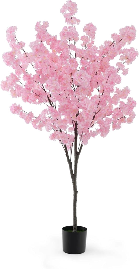 Albero di Finti Fiori di Ciliegio, Albero Artificiale con 900 Fiori Rosa, Tronco in PE Robusto, Base Riempita di Cemento, Pianta Floreale Finta in Vaso per Ufficio e Casa